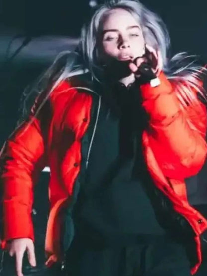 Singer Bil­lie Eil­ish Red Puffer Jacket