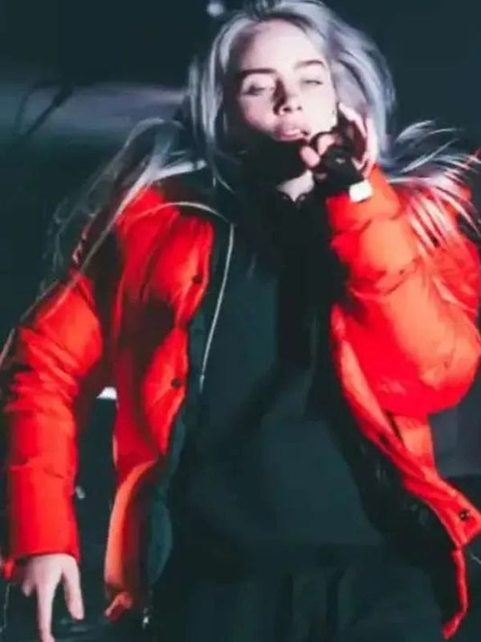 Singer Bil­lie Eil­ish Red Puffer Jacket