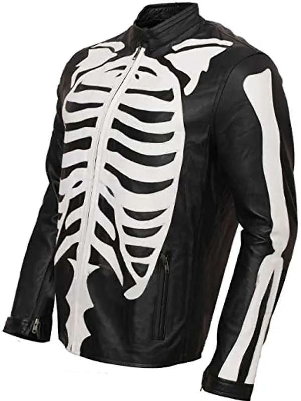 Skeleton Bones Halloween Party Black Leather Jacket