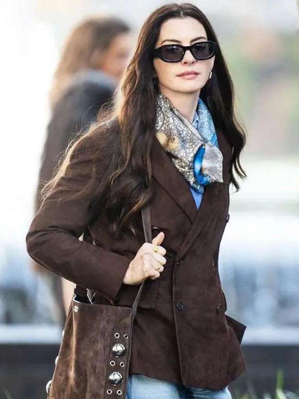 The Devil Wears Prada 2 Anne Hathaway Brown Suede Leather Blazer