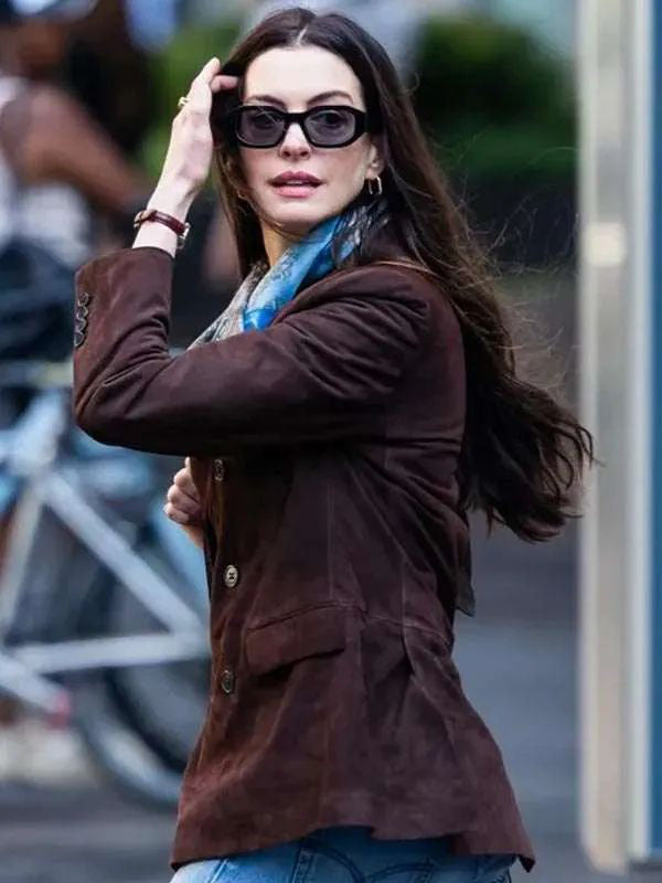 The Devil Wears Prada 2 Anne Hathaway Brown Suede Leather Blazer