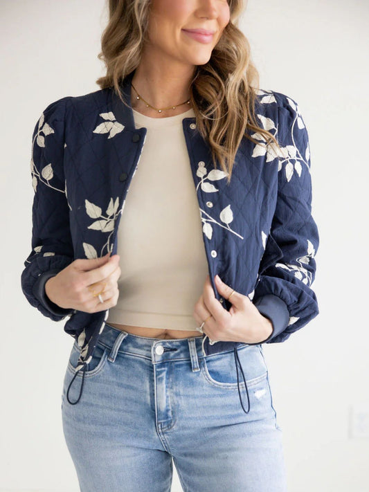 The Love Heist Lyndsy Fonseca Blue Floral Bomber Jacket