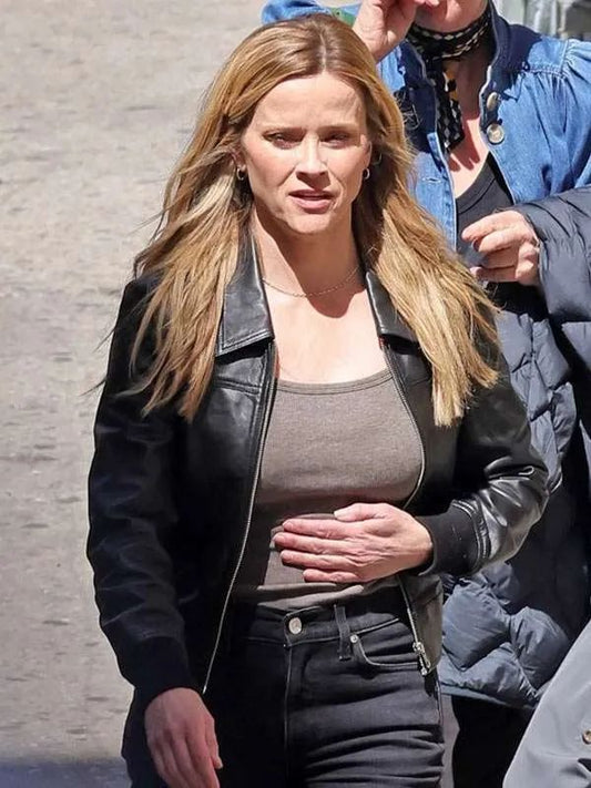 The Morning Show in LA Reese Witherspoon Black Bomber Leather Jacket