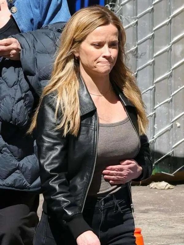 The Morning Show in LA Reese Witherspoon Black Bomber Leather Jacket