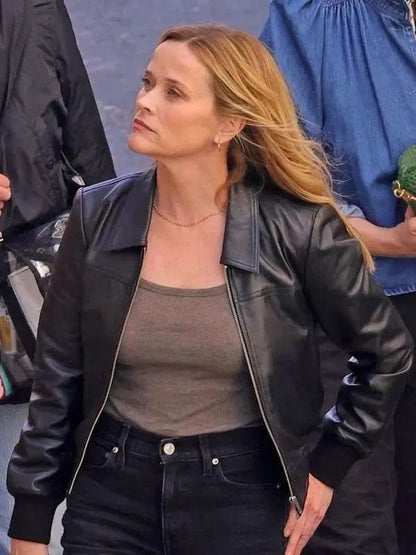 The Morning Show in LA Reese Witherspoon Black Bomber Leather Jacket