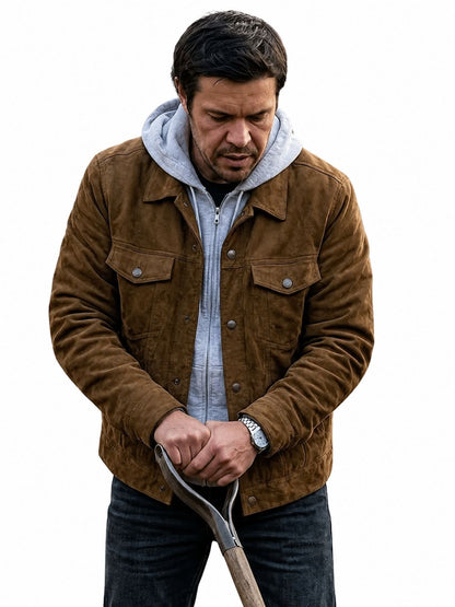 The Town That Takes Britt Bankhead Brown Suede Leather Trucker Jacket