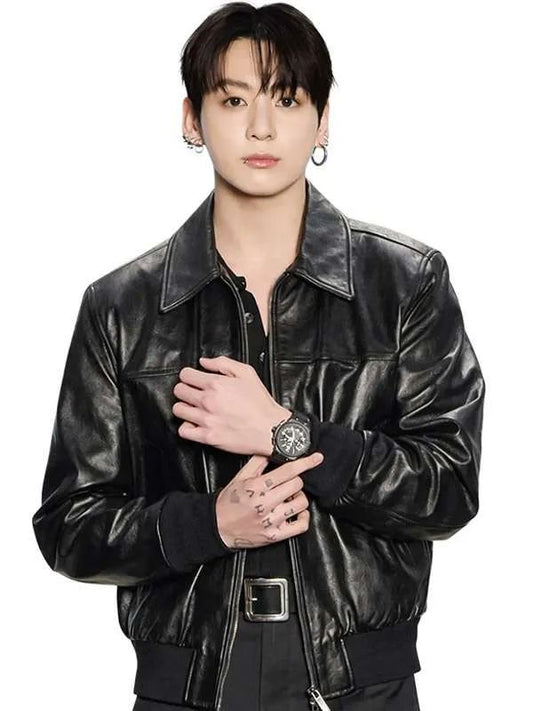 Watch Event Jeon Jung Kook Black Leather Bomber Jacket