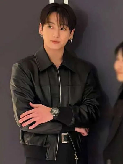 Watch Event Jeon Jung Kook Black Leather Bomber Jacket