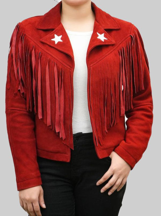 Women’s Red Western Style Fringed Leather Jacket
