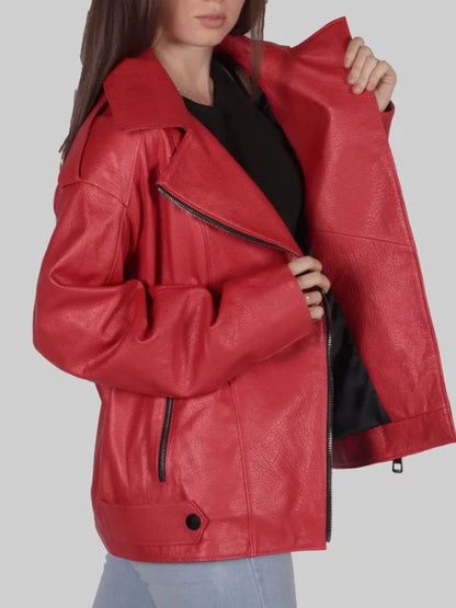 Women's Red Biker Leather Jacket